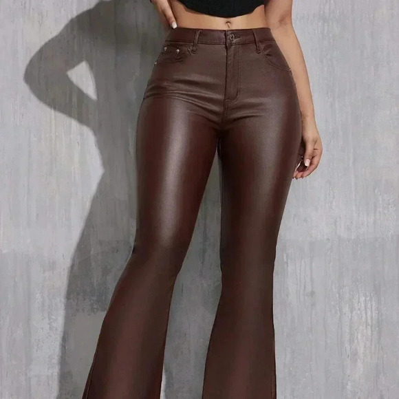 Chocolate Brown Casual Women's Tall Slim Fit Flared Pants - Picture 4 of 6